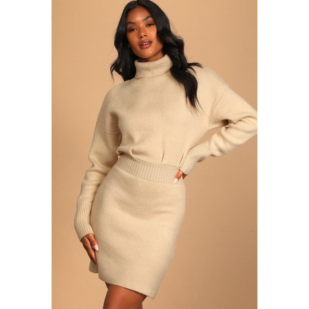 Lulus Dress Womens Small Sweet Comforts Cream Turtleneck Mini Sweater Stretch